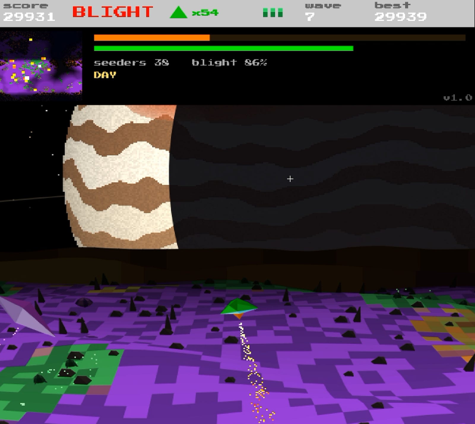 BLIGHT.IO: Jupiter overhead, the blight spreading purple across the ground